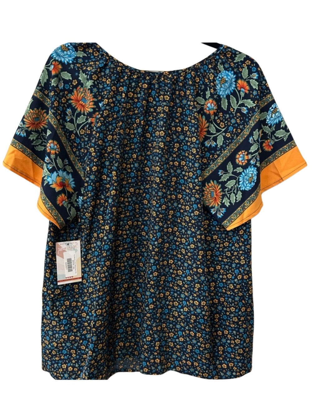 🆕 Navy Floral Tie Neck Blouse - Size 2X Open Sleeves - Picture 2 of 4